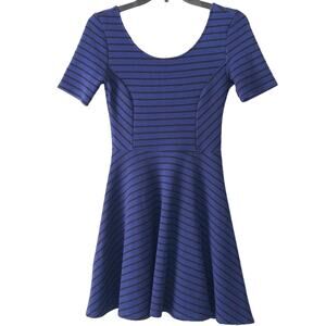 Lush Dark Purple Blue Black Striped Ribbed Scoop Neck Short Sleeve Skater Dress